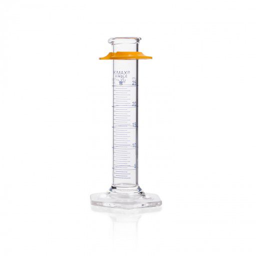 Probeta, P.E., "B" Escala Métrica Azul, Base Hex. Vidrio, C/ Bumper 25 Ml